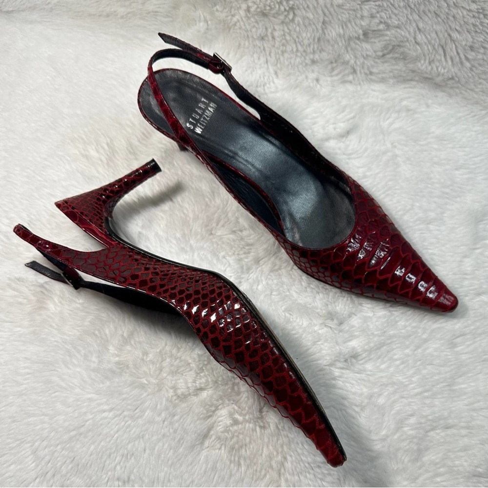 Stuart Weitzman Red Snake Slingback Pumps Heels 8 1/2 N Pointed Toe